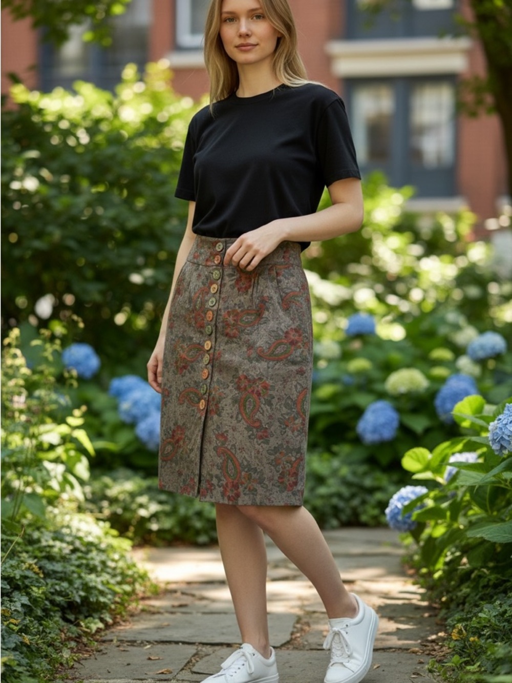 Floral Paisley Button-Front Women's Skirt - Brown/Green